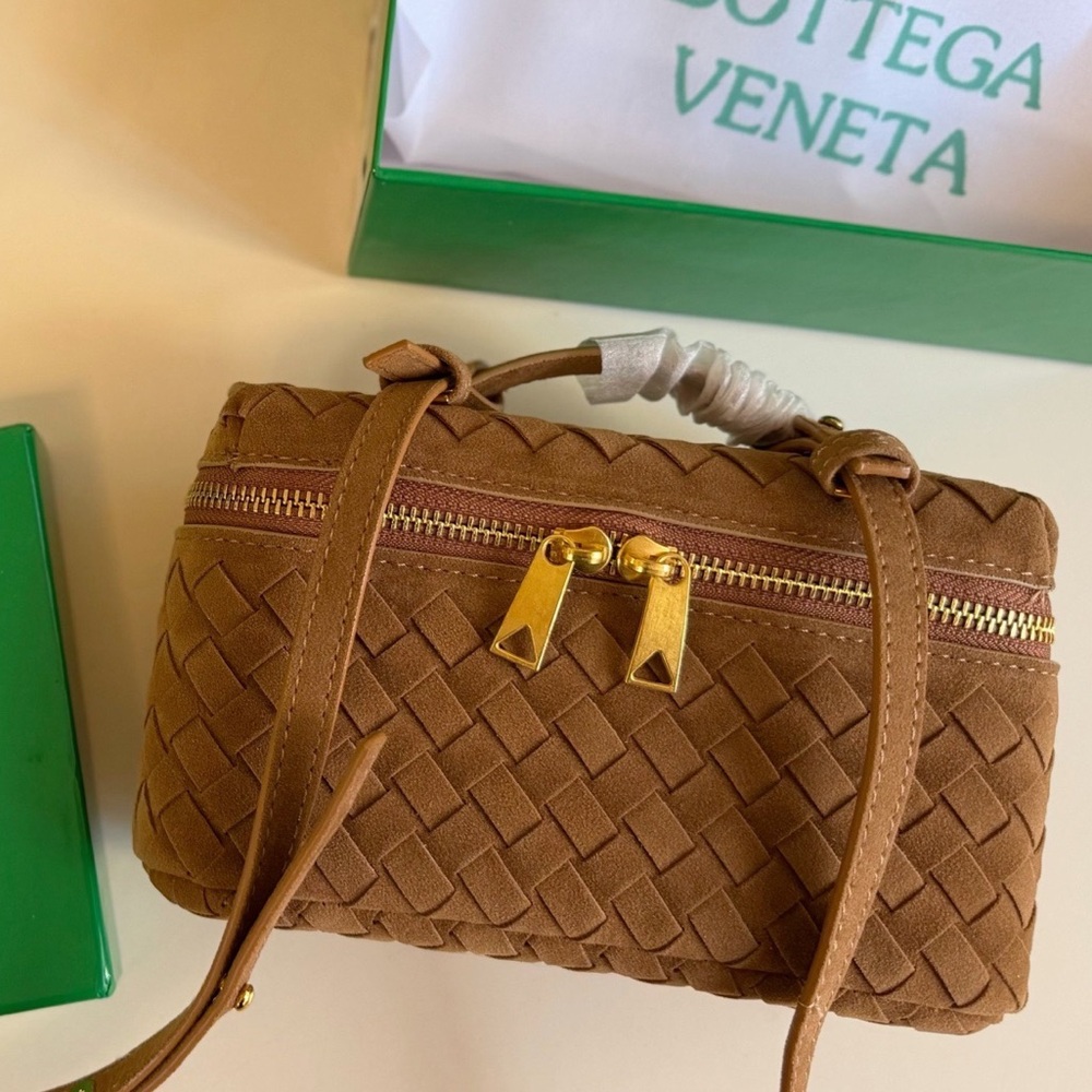 Bottega Veneta Tan Suede Intrecciato Crossbody with Gold Hardware